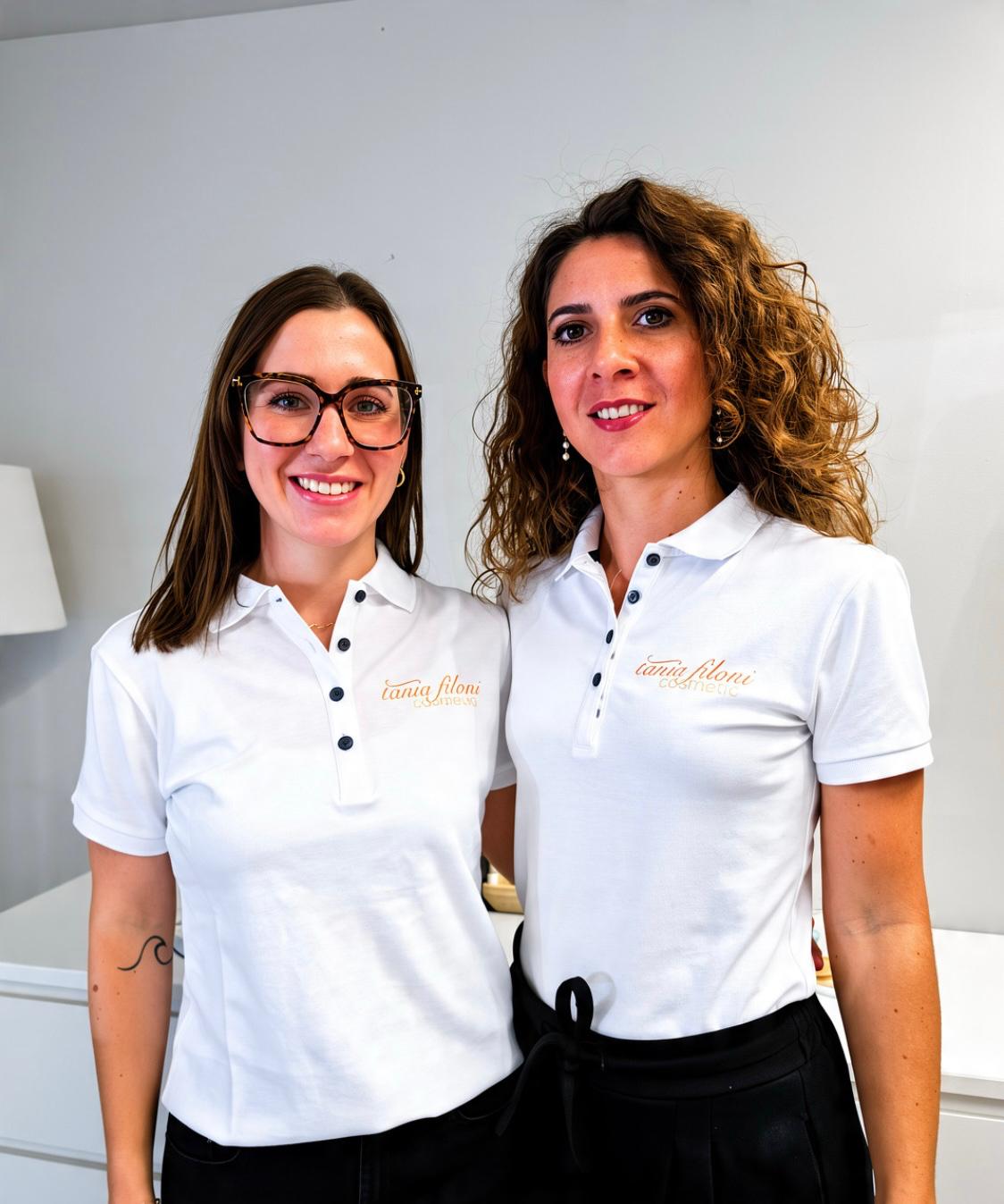 Tania Cunha-Filoni und Kim Ziegler mit Poloshirts von Tania Filoni Cosmetic